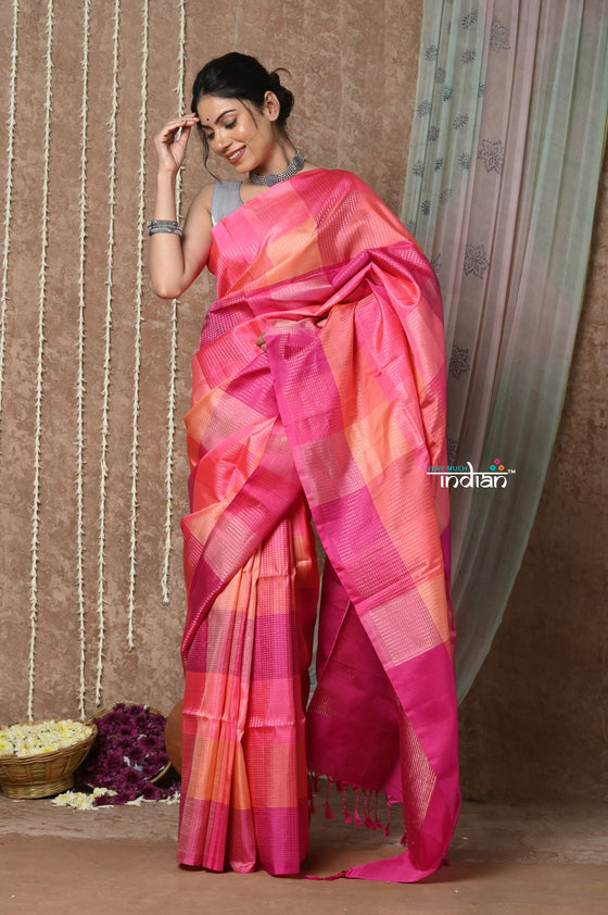 Tyohaar ~ Handloom Pure Silk Saree with Handwoven Zari Work On Pallu ~ Geometric Pink