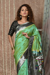 Tyohaar ~ Handloom Pure Silk Muniya Border Paithani Saree with Traditional Radha Krishna Pallu ~ Starlight Green