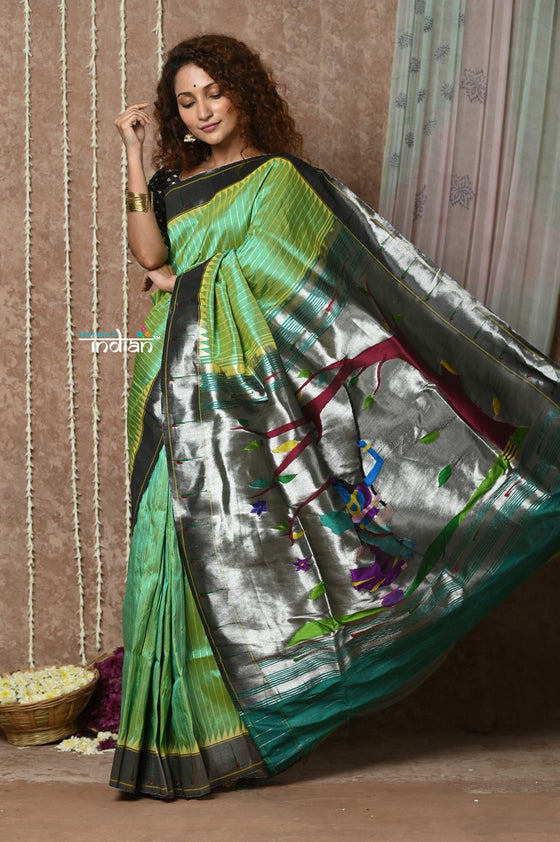 Tyohaar ~ Handloom Pure Silk Muniya Border Paithani Saree with Traditional Radha Krishna Pallu ~ Starlight Green