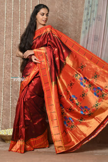  Tyohaar ~ Handloom Pure Silk Muniya Border Paithani Saree with Traditional Peacock Pallu ~ Traditional Maroon Brown