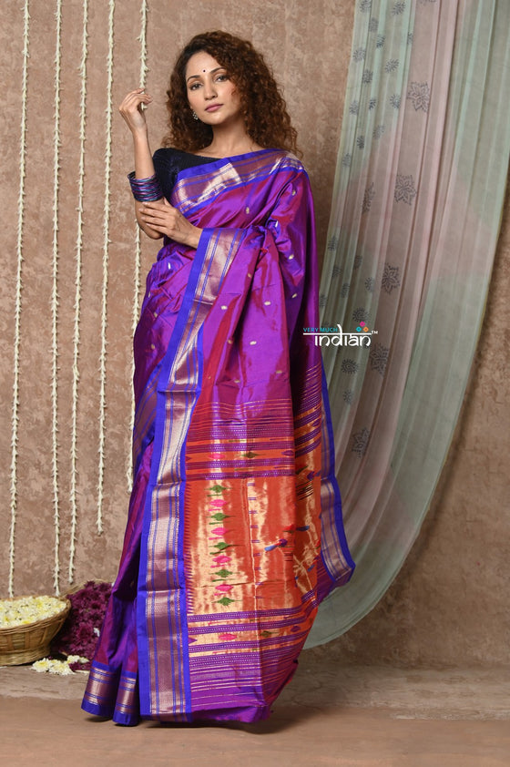 Tyohaar ~ Handloom Pure Silk Paithani Saree with Traditional Double Pallu ~ Dual Tone Purple Pink (By Government Certified Weavers)