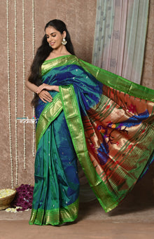  Tyohaar ~ Handloom Pure Silk Paithani Saree with Handcrafted Peacock Pallu ~ Dual Tone Blue Green (By Government Certified Weavers)