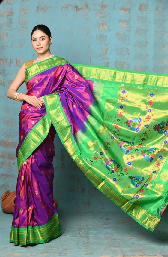 Tyohaar ~ Exclusive Handloom Pure Silk Paithani With Contrast Pallu ~ Magenta Pink & Lime Green