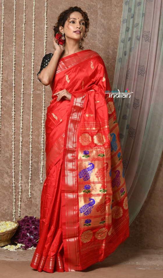 Tyohaar ~ Handloom Pure Silk  Maharani Paithani Saree with Handcrafted Peacock Lotus Pallu ~ Bright Red