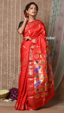  Tyohaar ~ Handloom Pure Silk  Maharani Paithani Saree with Handcrafted Peacock Lotus Pallu ~ Bright Red