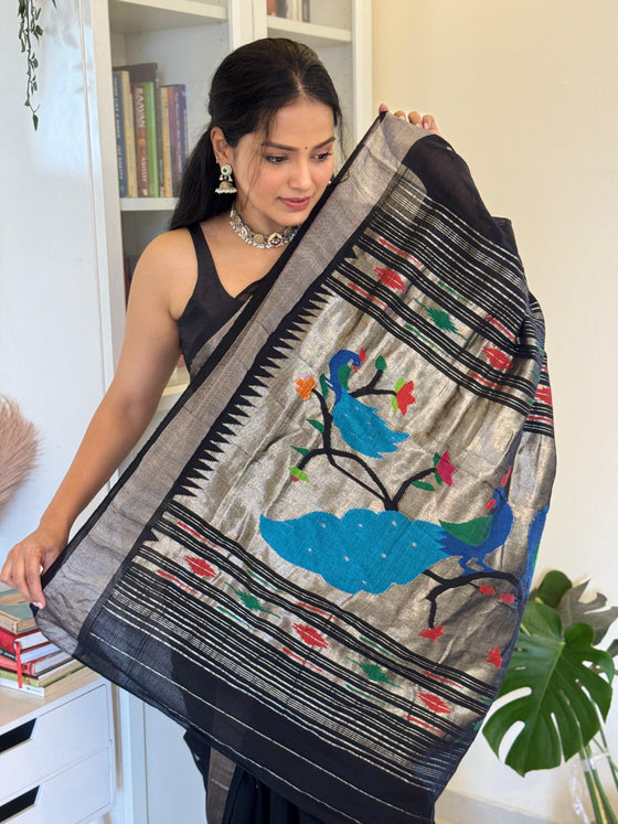 EXCLUSIVE! Silver Zari Handloom Pure Cotton Paithani with Peacock Pallu in Black