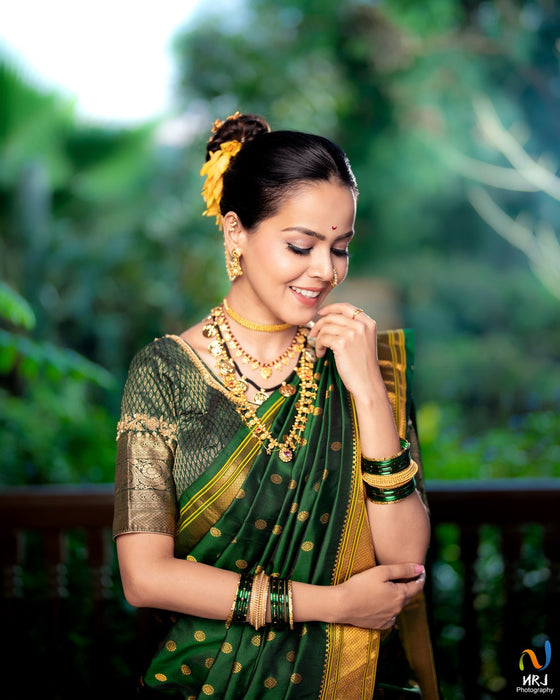 Authentic Pure Silk Handloom Nauvari Paithani Saree in Green