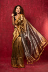 Exquisite Golden Handloom Pure Silk Tissue Saree With Silver Pallu