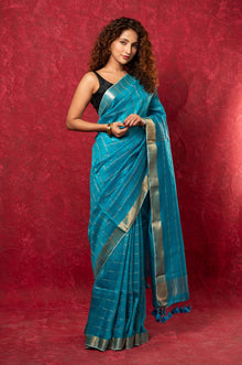  Designed by VMI Pure Silk Linen Saree with All Over Checks ~ Sea Blue