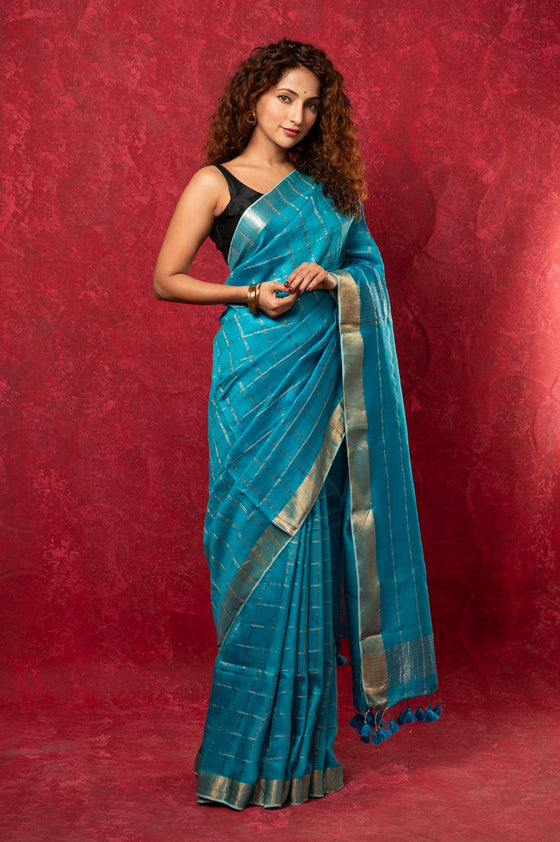 Designed by VMI Pure Silk Linen Saree with All Over Checks ~ Sea Blue