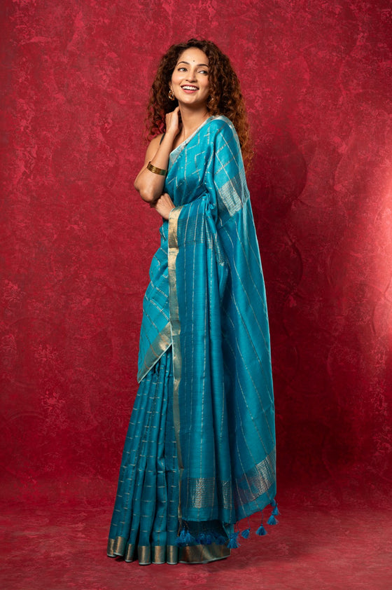 Designed by VMI Pure Silk Linen Saree with All Over Checks ~ Sea Blue