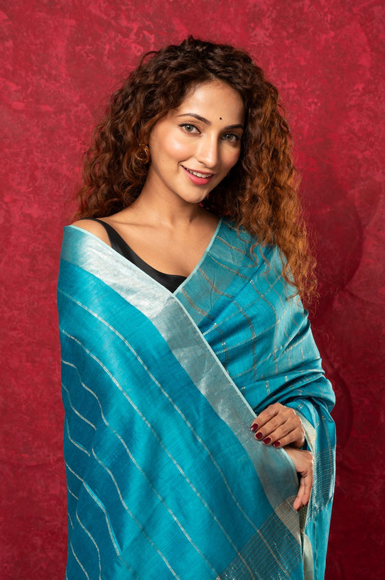 Designed by VMI Pure Silk Linen Saree with All Over Checks ~ Sea Blue