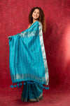 Designed by VMI Pure Silk Linen Saree with All Over Checks ~ Sea Blue