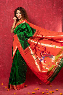  Handloom Pure Silk Muniya Border Paithani Saree with Traditional Radha Krishna Pallu ~ Royal Green