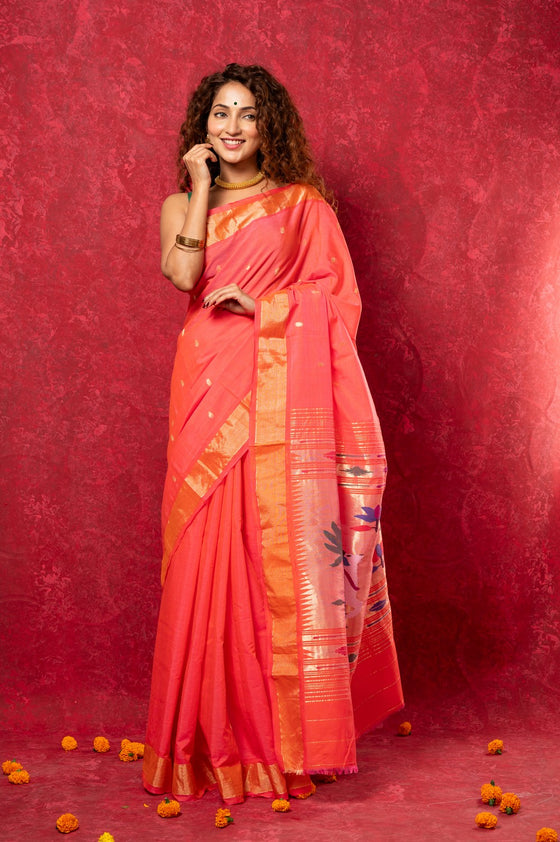 Exclusive! Handloom Pure Cotton Paithani in Most Traditional Pink with Pichwai Pallu