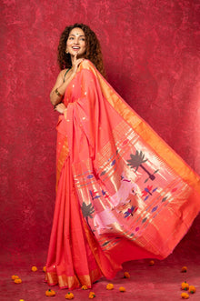  Exclusive! Handloom Pure Cotton Paithani in Most Traditional Pink with Pichwai Pallu