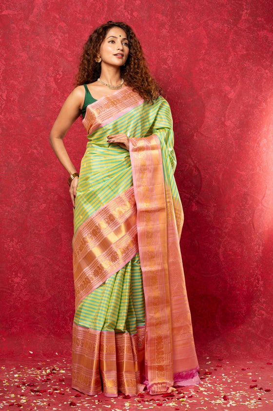 Gadwal Pure Silk Handloom Saree in Lime Green & Yellow with Linear Stripes (Limited Edition)