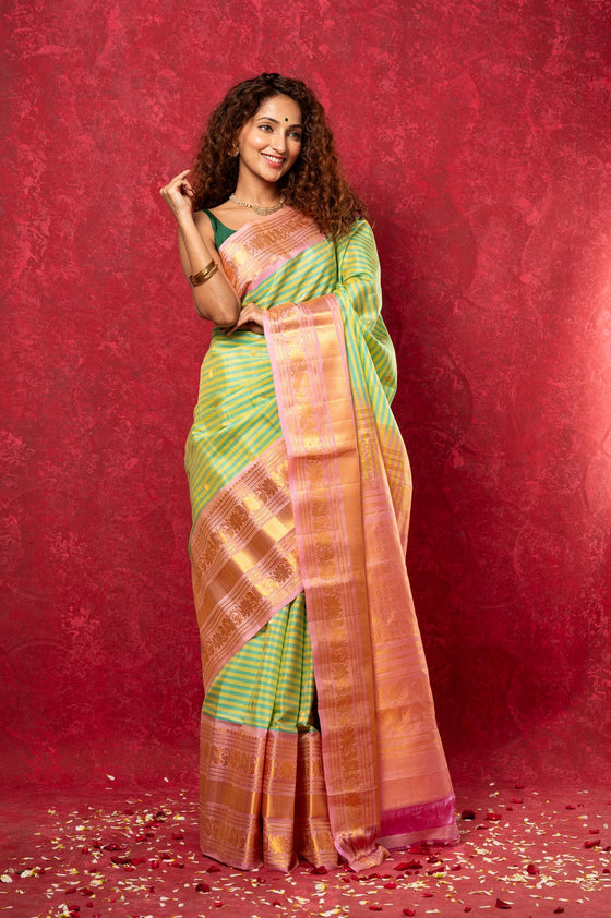 Gadwal Pure Silk Handloom Saree in Lime Green & Yellow with Linear Stripes (Limited Edition)