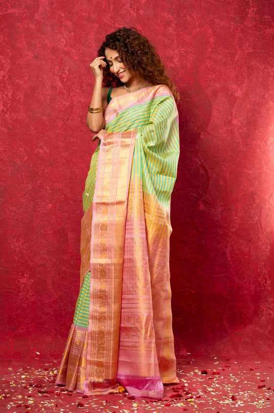 Gadwal Pure Silk Handloom Saree in Lime Green & Yellow with Linear Stripes (Limited Edition)