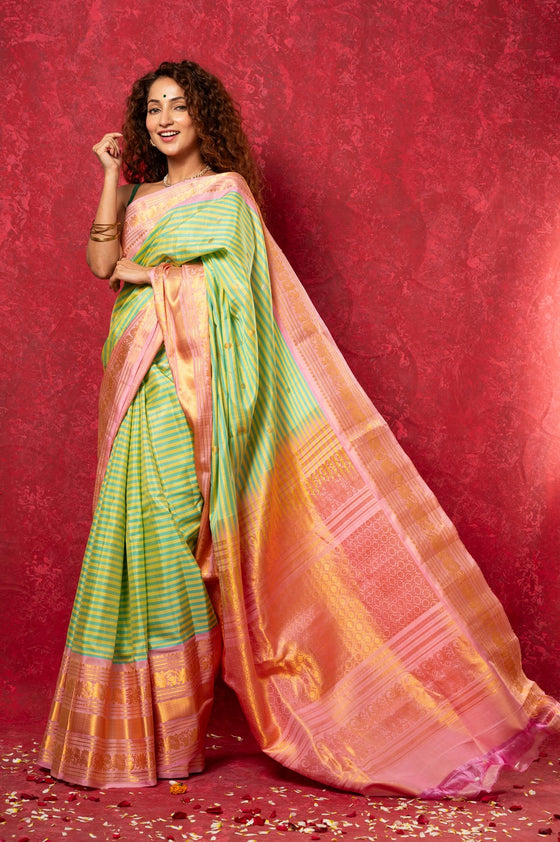 Gadwal Pure Silk Handloom Saree in Lime Green & Yellow with Linear Stripes (Limited Edition)