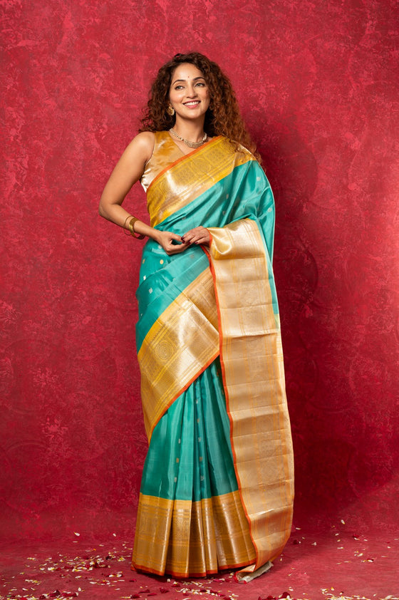 Gadwal Pure Silk Handloom Saree in Sea Green with Yellow Border (Limited Edition)