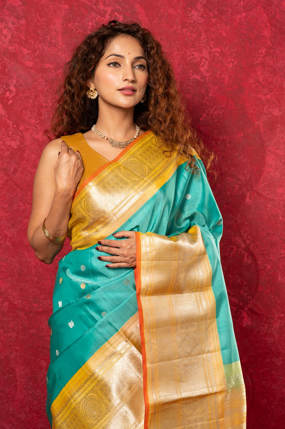 Gadwal Pure Silk Handloom Saree in Sea Green with Yellow Border (Limited Edition)