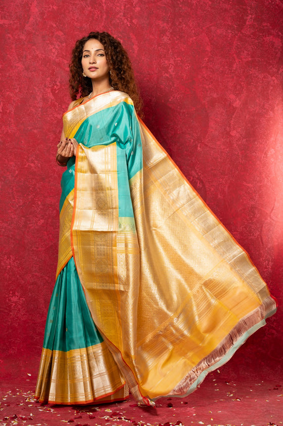 Gadwal Pure Silk Handloom Saree in Sea Green with Yellow Border (Limited Edition)