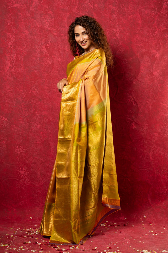 Gadwal Pure Silk Handloom Saree in Beige with Dual Tone Green Yellow Border (Limited Edition)