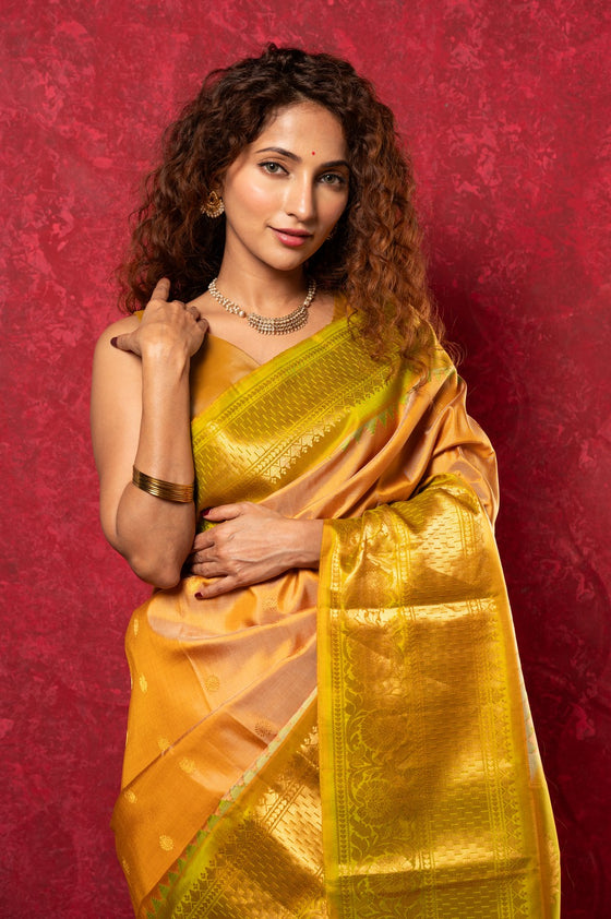 Gadwal Pure Silk Handloom Saree in Beige with Dual Tone Green Yellow Border (Limited Edition)