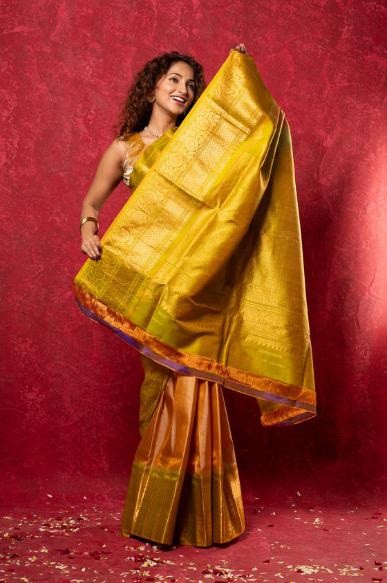 Gadwal Pure Silk Handloom Saree in Beige with Dual Tone Green Yellow Border (Limited Edition)