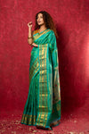 Handloom Pure Silk Maharani Paithani Saree with Traditional Maharani Pallu ~ Turquoise (By Government Certified Weavers)