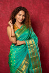 Handloom Pure Silk Maharani Paithani Saree with Traditional Maharani Pallu ~ Turquoise (By Government Certified Weavers)