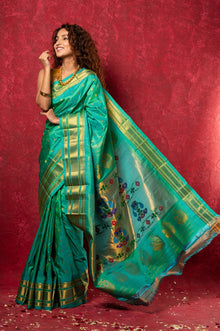  Handloom Pure Silk Maharani Paithani Saree with Traditional Maharani Pallu ~ Turquoise (By Government Certified Weavers)