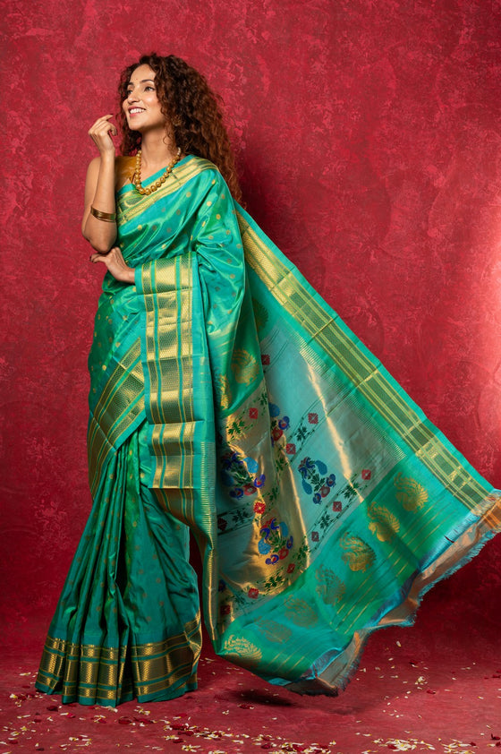 Handloom Pure Silk Maharani Paithani Saree with Traditional Maharani Pallu ~ Turquoise (By Government Certified Weavers)