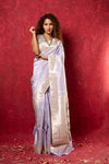 Exclusive Muniya Border - Authentic Handloom Pure Silk Muniya Border Paithani With Tissue Lines and Grand Peacock Pallu ~ Lilac