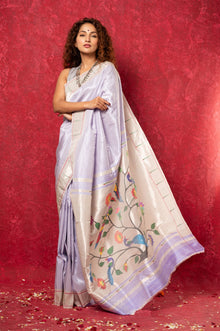  Exclusive Muniya Border - Authentic Handloom Pure Silk Muniya Border Paithani With Tissue Lines and Grand Peacock Pallu ~ Lilac