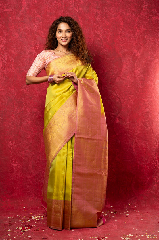 Gadwal Pure Silk Handloom Saree in Greenish Yellow with Pink Border (Limited Edition)