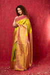 Gadwal Pure Silk Handloom Saree in Greenish Yellow with Pink Border (Limited Edition)