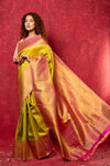 Gadwal Pure Silk Handloom Saree in Greenish Yellow with Pink Border (Limited Edition)