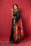 Chandrakala: Handloom Pure Silk Paithani Saree with Traditional Peacock Pallu ~ Black  (By Government Certified Weavers)