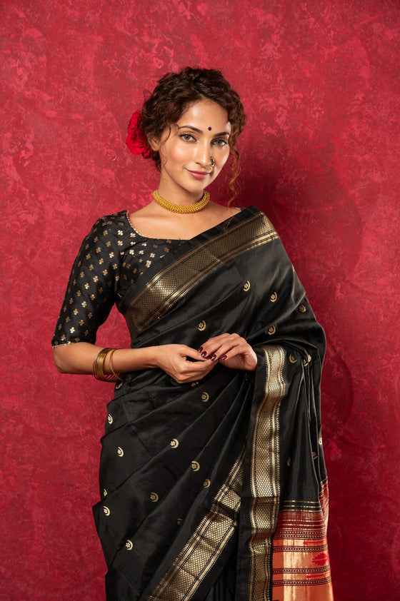 Chandrakala: Handloom Pure Silk Paithani Saree with Traditional Peacock Pallu ~ Black  (By Government Certified Weavers)