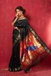 Chandrakala: Handloom Pure Silk Paithani Saree with Traditional Peacock Pallu ~ Black  (By Government Certified Weavers)