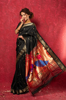  Chandrakala: Handloom Pure Silk Paithani Saree with Traditional Peacock Pallu ~ Black  (By Government Certified Weavers)