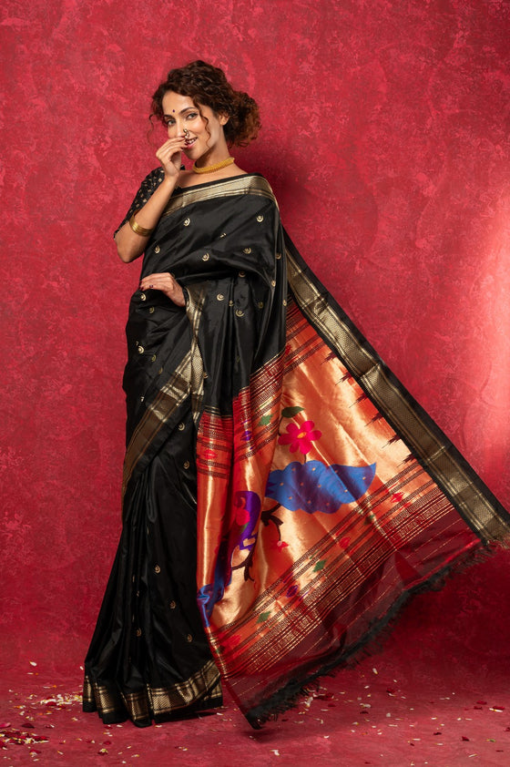 Chandrakala: Handloom Pure Silk Paithani Saree with Traditional Peacock Pallu ~ Black  (By Government Certified Weavers)