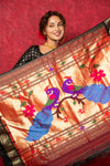 Chandrakala: Handloom Pure Silk Paithani Saree with Traditional Peacock Pallu ~ Black  (By Government Certified Weavers)