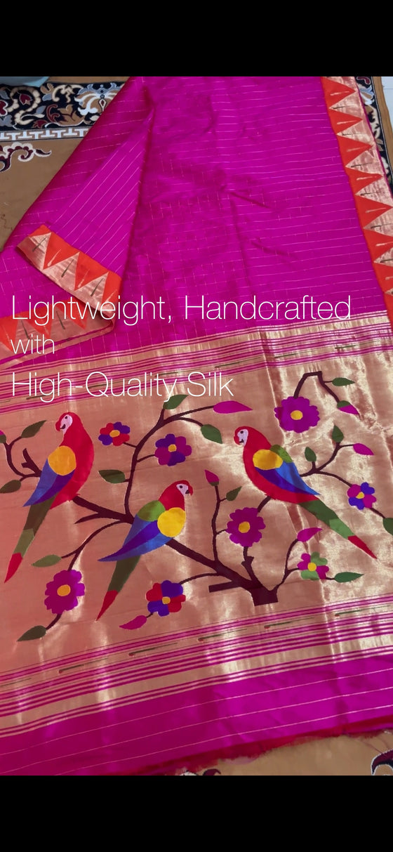 Designed By VMI ~ Customized Handloom Pure Silk Paithani Saree with Temple Border & Parrot Pallu