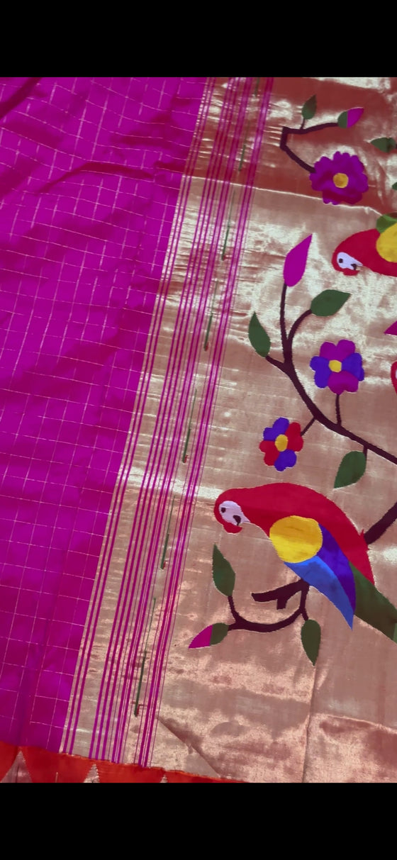 Designed By VMI ~ Customized Handloom Pure Silk Paithani Saree with Temple Border & Parrot Pallu