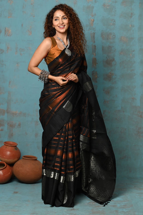 Anokhi ~ Handloom Pure Silk Designer Saree ~ Black and Orange Designer (Limited Edition)