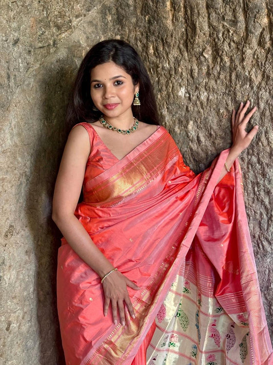 Tyohaar ~ Handloom Pure Silk Paithani Saree with Traditional Peacock Lotus Pallu ~  Peachish Orange