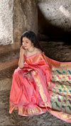 Tyohaar ~ Handloom Pure Silk Paithani Saree with Traditional Peacock Lotus Pallu ~  Peachish Orange